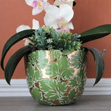 Cachepot Floral Design Green & Gold Porcelain Hand Painted Flower Holder Cache Pot Vase Flowerpot Planter Hand Painted Made in Italy Vintage
