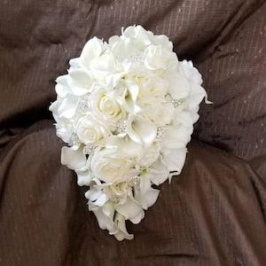 Ivory, cream cascading bridal bouquet, real touch calla lily, rose, orchid cascade bride bouquet with artificial flowers