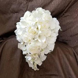 Ivory, cream cascading bridal bouquet, real touch calla lily, rose, orchid cascade bride bouquet with artificial flowers