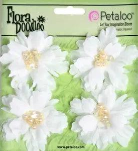 PEONIES - WHITE - Small 4.5 to 5cm x 4 - Beaded Pearl Centre FABRIC - Petaloo I