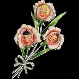 Coro Pave and Enamel Three Ladies' Faces in Lily Flowers Floral Spray w Bow Pin