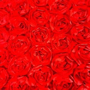Red Rosette Fabric 3D Floral Fabric By The Yard, Peony Bouquet Fabric on Mesh, 3D Rosette Satin Fabric Wedding Decor.
