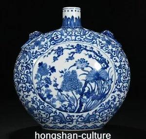 12" Qianlong Marked Blue White Porcelain Lotus Peony Flower Poetry Bottle Vase