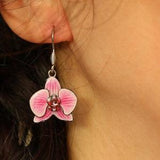 Pink orchid earrings and pink Swarovski crystal rhinestones, stainless steel hooks