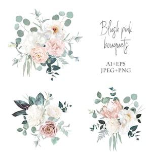 Blush pink rose, ranunculus, camellia, peony, hydrangea, magnolia, protea flowers vector design bouquets. Wedding floral and greenery