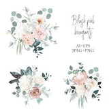 Blush pink rose, ranunculus, camellia, peony, hydrangea, magnolia, protea flowers vector design bouquets. Wedding floral and greenery