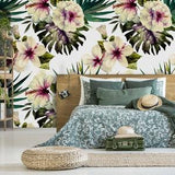 Pastel hibiscus watercolor wallpaper, monstera wallpaper, floral clipart, wallpaper roll,boho wallpaper, watercolor wallpaper, palm leaf