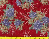 Floral cotton fat quarter fabric with blue peonies and small cream blooms on red