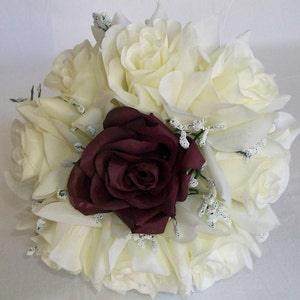 Ivory and Plum Rose Bouquet, Ivory Roses Bouquet, Ivory Silk Flower Bouquet,  Mini Toss Bouquet, Choose Your Rose Color
