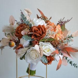 Fake Flowers Burnt Orange Ivory White Fall Boho Wedding Bouquet, Rustic Autumn Terracotta Bridal Bouquet, Real Touch Roses, Pampas Grass
