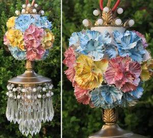 chandelier Swag vintage lamp Porcelain Capodimonte Beaded Carnation flower Brass