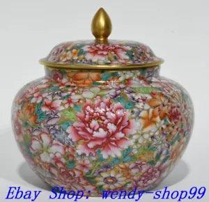 6" Qianlong Marked Colour Enamel Porcelain Gold Peony Flower Jar Pot Crock