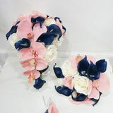 JennysFlowerShop Silk Phanaenopsis Orchid Rose Calla Lily Mixed Wedding Bridal Bridesmaid Bouquet Boutonniere Blush Pink/Navy Blue/White