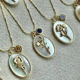 Gold Flower Month Necklace, Birthstone Pendant, 18K Gold Necklace, Dainty