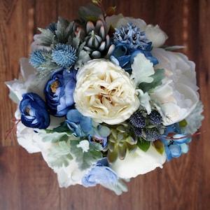 Boho Wedding Bouquet, White and Blue Bouquet, Succulent Bouquet, Silk Wedding Flowers, Summer Wedding, Beach Wedding, Bridesmaid
