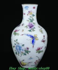 9"Qianlong Marked Famille Rose Porcelain Gilt Peony Flower Butterfly Bottle Vase