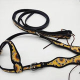 Sunflower - One Ear Western Leather Headstall - Hand carved and hand painted sunflower detail- Unique Browband Headstall Yellow Sunflowers