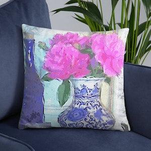Ginger jar unique throw pillows, Pink peony bouquet decorative accent, Chinoiserie vase spring pillow, Mottahedeh Oriental botanical print