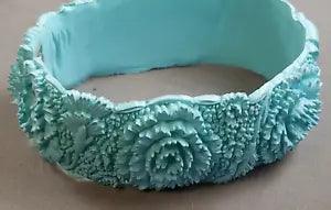 Vtg Carved Carnation Flowers Celluloid Turquoise color Bracelet Bangle Clamp