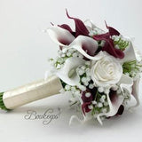CHOOSE RIBBON COLOR - Burgundy and White Calla Lily and Rose Bouquet, Burgundy Bridal Bouquet, Calla Lily Bouquet, Baby's Breath, Wedding