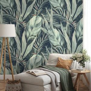 Retro Botanical Large Tropical Light Green Leaves Pattern Wallpaper, Peel and Stick Plant Wallpaper, Self Adhesive Green Nature Wallpaper