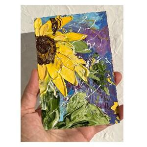 Sunflower Painting Floral Original Art Honeybee Small Oil Impasto Flowers Artwork Home Wall Art 4 by 6" by Halyna Kirichenko