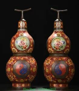 23.2'' Old Cloisonne Enamel Purple Bronze Gourd Bagua Peony Flower Bottle Pair