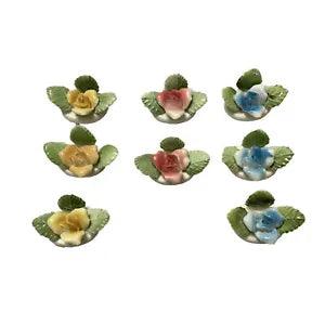 SHAFFORD Vintage Porcelain Carnation Flower Name Card Holders + Box - Set of 7