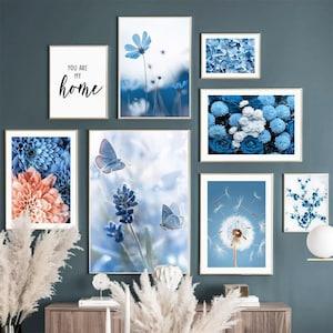 Dandelion Peony Orchid Flower Wall Art Canvas Painting | Modern Blue Tones Poster | Scandinavian Nordic Home Decor