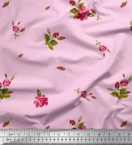 Soimoi Pink Cotton Poplin Fabric Leaves & Carnation Floral Decor-0yB
