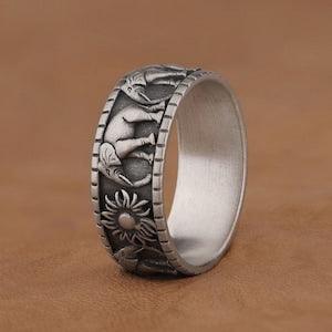 Good Luck Ring with Elephants and Sunflower, 925 Sterling Silver Boho Style Band Ring, Promise Ring For Her, Handmade Quality Jewelry