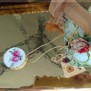 14K Porcelain Necklace, English Rose Bouquet, Bridal Shower Gift, Boho Chic Jewelry