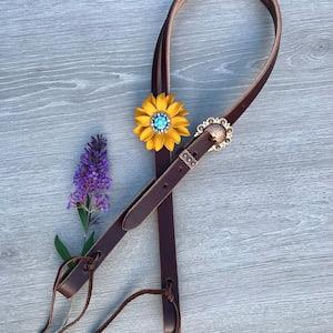 Chocolate Leather Split Ear Headstall with Sunflower Concho