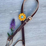 Chocolate Leather Split Ear Headstall with Sunflower Concho