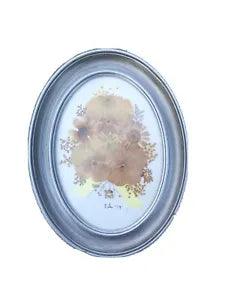 Vintage Small Pressed Dried Dry Flower Art On White Oval Frame Pansies Daisy MCM
