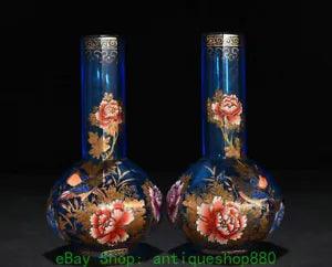 7.8'' Old Chinese Colored Glaze Gilt Peony Flower Bird Pattern Bottle Vase Pair
