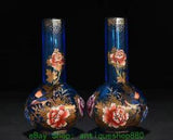 7.8'' Old Chinese Colored Glaze Gilt Peony Flower Bird Pattern Bottle Vase Pair