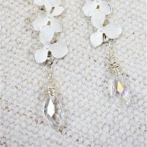 Earrings - Matte Silver Floral Earrings with Clear Faceted Glass Drop on Sterling Silver Ear Wires
