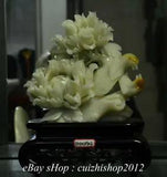 13" China Natural Xiu Jade Jadeite Carved Peony Flower 2 Bird Base Sculpture