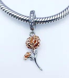?? Carnation Flower Dangle Charm Rose Gold Genuine 925 Sterling Silver ??