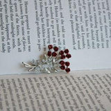 Small Rose Bouquet Brooch - Red Roses and Silver Tone with Rhinestone Details