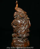 8" Chinese Boxwood Hand-carved Fengshui Phoenix Peony Flower Wealth Statue