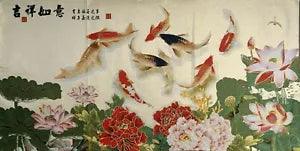 47"*24"China Cloth Silk Embroidery Peony Flower Cryprinus Carpiod Mural Tapestry