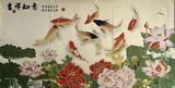 47"*24"China Cloth Silk Embroidery Peony Flower Cryprinus Carpiod Mural Tapestry
