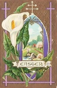 1910's Embossed Easter Postcard Calla Lily, Crosses & Countryside E153