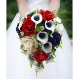Cascade Bridal Bouquet Navy Blue Callas Real Touch White Navy Red Rose, Rhinestones - Add a Groom Boutonniere Bridesmaid Bouquet & More!