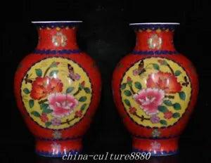 8.5"Old China Cloisonne Enamel Porcelain Peony Flower Butterfly Bottle Vase Pair