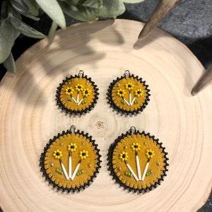 Round leather earrings with quill accents in yellow, black and gold