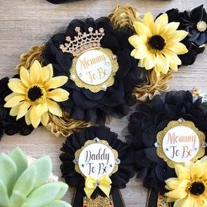 Black Sunflower Baby Shower, Yellow Black Maternity Sash, Sunflower Mommy To Be Ribbon, Daddy To Be Pin, Sunflower Gender Reveal, Custom