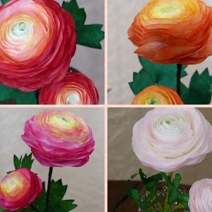 Ranunculus paper flower and its hand-painted bud sold with its soliflore for sustainable interior decoration and handmade gift